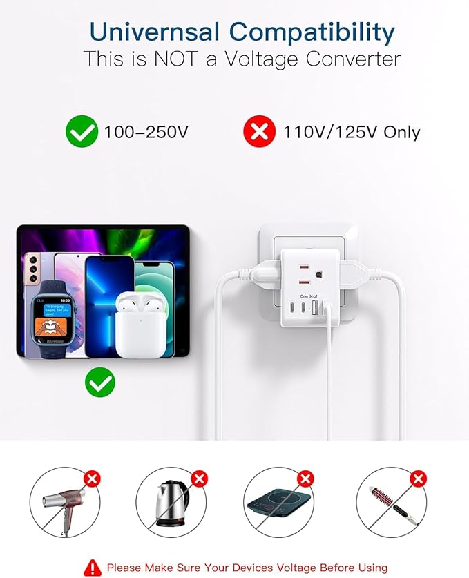 2 Pack Germany France Travel Plug Adapter with 3 Outlets 4 USB Charging Ports(2 USB C), Type E/F International Power Adapter, Travel Essentials US to Europe France Germany South Korea Netherlands
