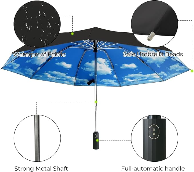 LLanxiry Compact Travel Umbrella, 44" Canopy, Automatic Open/Close Windproof Umbrella, 210T Pongee, 8-Rib Fiberglass, Travel Size Mini, Portable Rain/Sun Umbrellas UPF 50+ with Cover