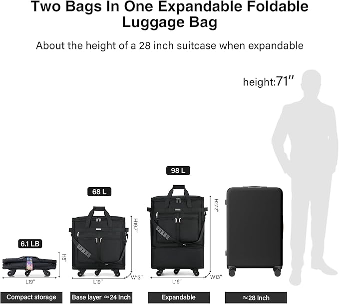 MILADA Expandable Luggage Bags for Travel Foldable Suitcase with Wheels Collapsible Rolling Travel Duffle Bag Lightweight Large Suitcases without Telescoping Handle, Black