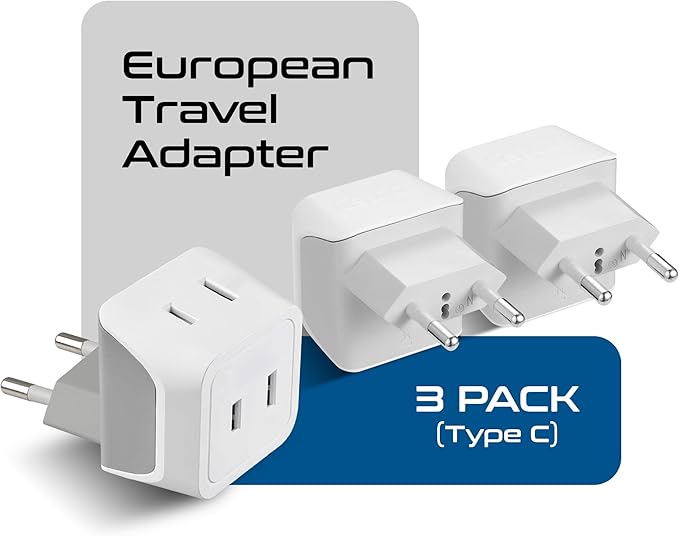 Ceptics European Travel Plug Adapter Europe Power Adaptor Charger Dual Input - Ultra Compact - Light Weight - USA to any Type C Countries such as Italy, Iceland, Austria and More (CT-9C), white