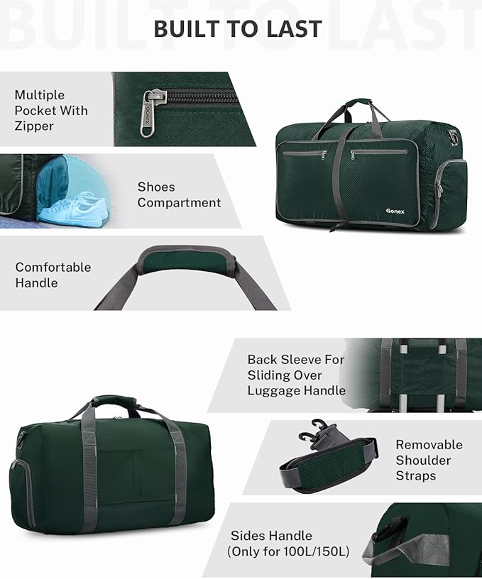 Gonex 40L 60L 80L 100L 150L Large Foldable Travel Duffle Bag with Shoes Compartment, Packable Lightweight Water Repellent Duffel Bag for Camping Gym Weekender Bag