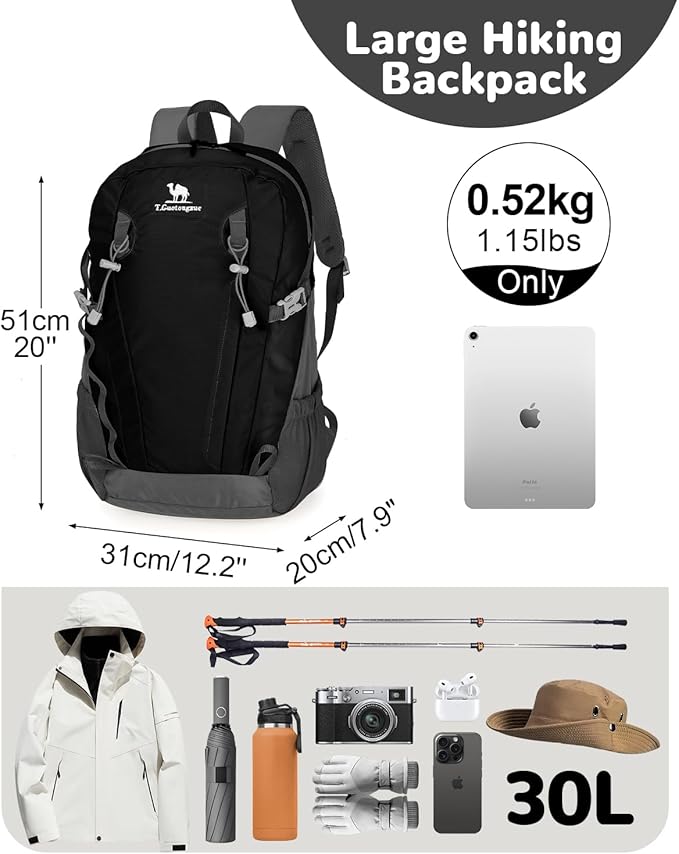 30L Small Waterproof Hiking Backpack with Chest Strap for Men, Lightweight Outdoor Backpack, Black