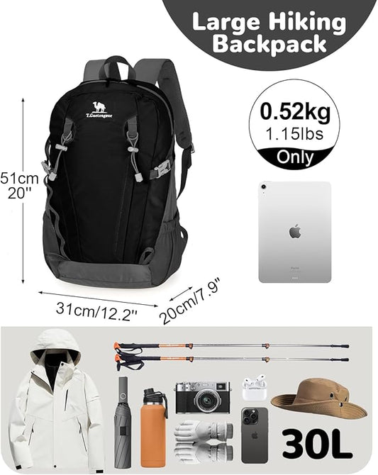 30L Small Waterproof Hiking Backpack with Chest Strap for Men, Lightweight Outdoor Backpack, Black