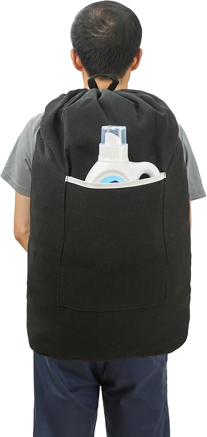 Canvas Laundry bag, Washable Laundry backpack, Adjustable Straps, Large Front Pocket, Drawstring Closure (BLACK, X-Large)