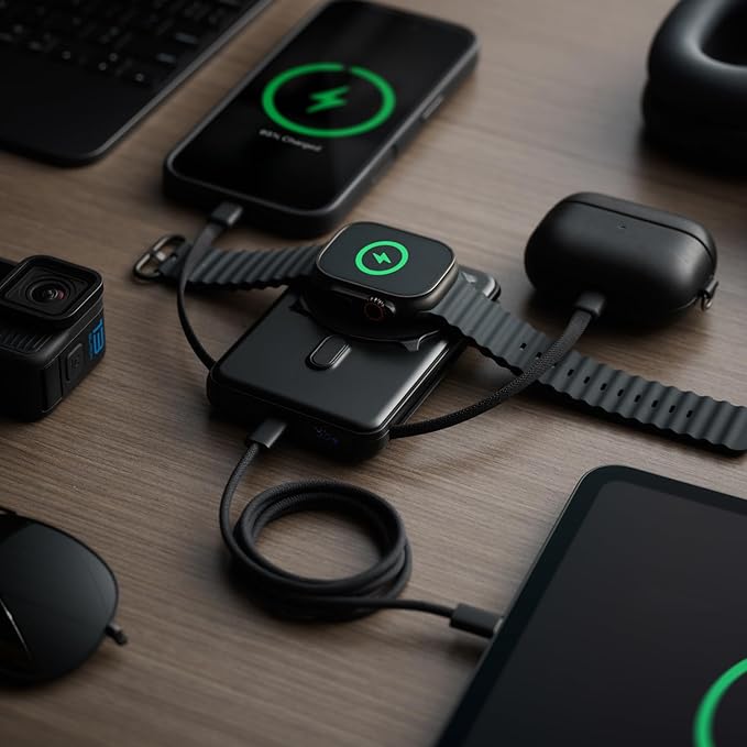 Ridge Magnetic Power Bank Fast Charging - Compatible with MagSafe - Portable Charger Power Bank - with Built in Cable and Wireless Charging, 5-in-1 Charging & Magnetic Attachment (Matte Black)