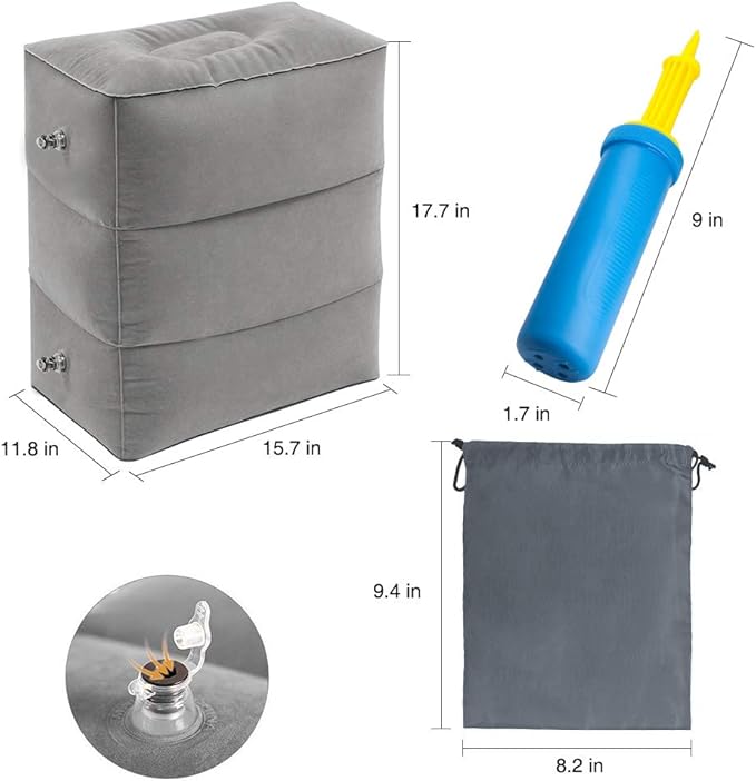 ZIQIAN Inflatable Travel Foot Rest Pillow Portable Adjustable Three Layers Height Foot Stool for Airplanes, Cars, Home, Trains, Office to Lay Down or Sleep on Long Flights with Pump（Gray 1PACK