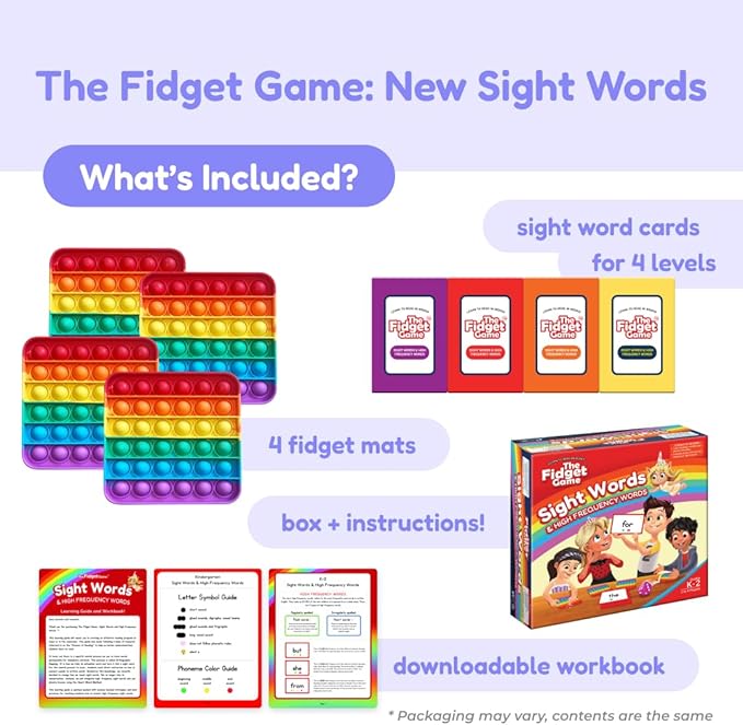 THE FIDGET GAME Ultimate Reading Bundle - Flashcards and Pop Fidget Toys for Kids Pre-K to Third Grade - Learning Activities and Games for High-Frequency Dolch Sight Words - Includes Mats and Dice