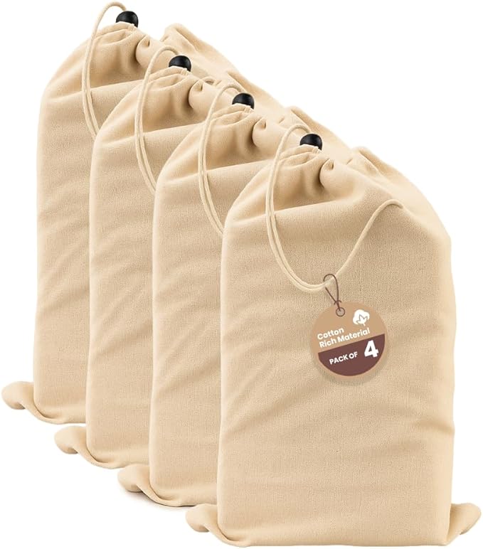 LFH Cotton Shoe Storage Bags with Drawstring, Dustproof Breathable Reusable Organizer, Perfect For Travel, Dorm, Hotel, College, Gym, Easy to Carry, Machine Washable 8"x17" (Pack of 4) - Natural
