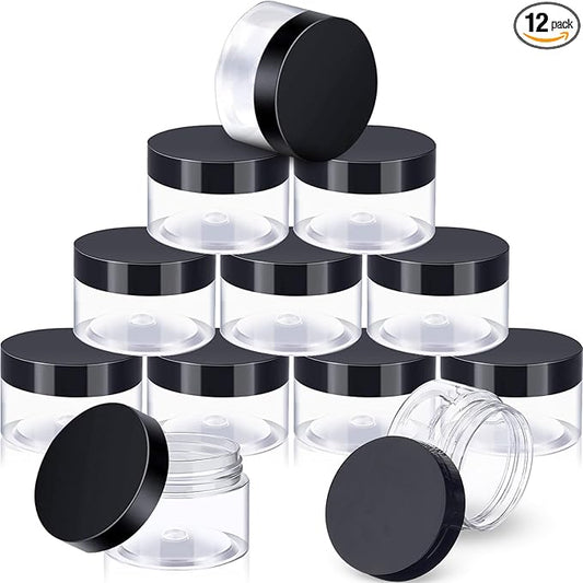 SATINIOR 12 Pack 1 oz Plastic Container Jars with Lids Round Clear Travel Cosmetic Container Jars for Toiletries, Lotion, Cream, Ointments, Makeup, Rhinestone, Samples, Kitchen Storage, Black