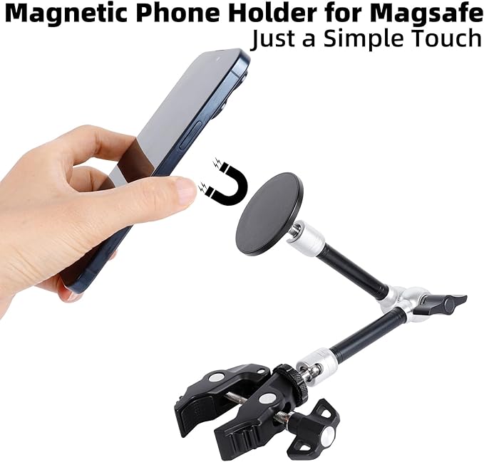 All-Metal Magnetic Phone Holder with Super Clamp&10″ Long Arm for Magsafe, Adjustable Rear View Mirror Phone Holder Mount for Car/Truck/Handlebar, Compatible with iPhone 16 15 14 13 12 Series