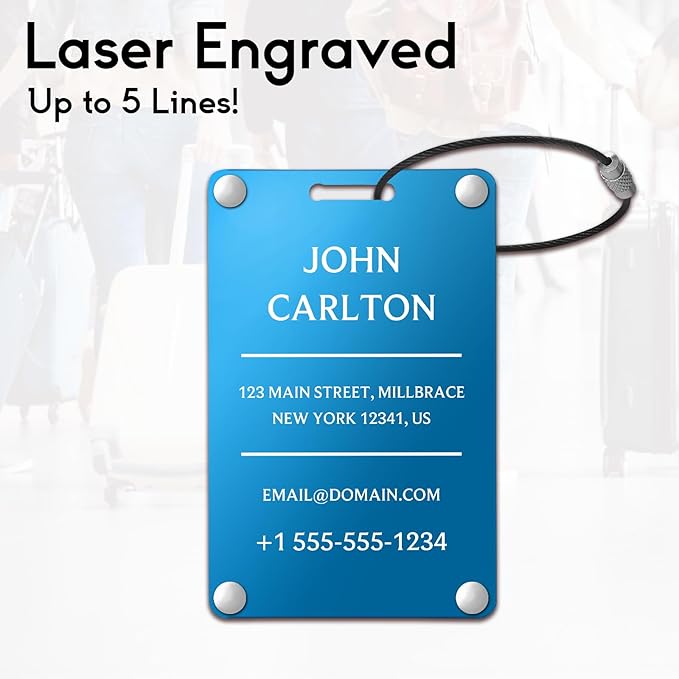 Personalized Luggage Tags for Suitcases - Aluminum Custom Luggage Tags for Backpacks & Bags, Sturdy, Waterproof & Heavy Duty (Blue/Card-Sized)