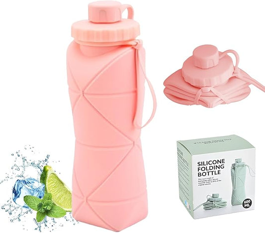 JINGYAN Collapsible Water Bottle 20oz, BPA-Free Silicone Foldable Design with Leak-Proof Lid & Lanyard - Portable Travel Water Bottle for Hiking, Gym, Camping (Pink)