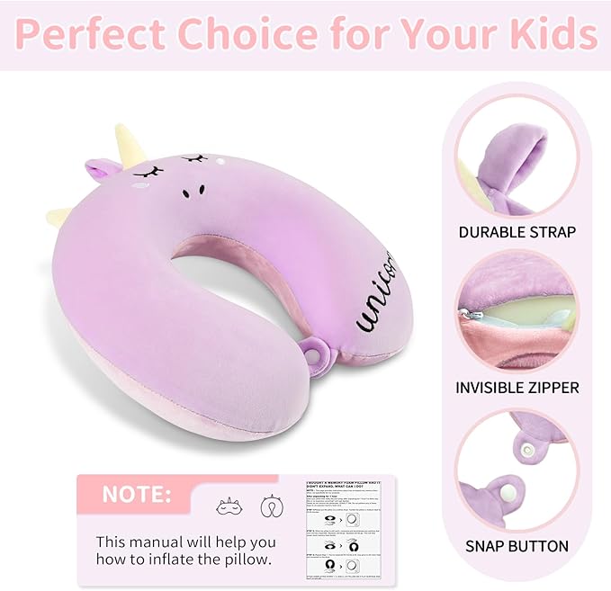 Neck Travel Pillow for Kids, Unicorn Airplane Memory Foam Pillow with Cute Sleep Mask & Earplugs, Lightweight Travelling Sleeping Pillow Set for Car, Train, Bus and Home Use (Purple)