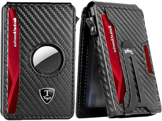 Smart Bifold Airtag Wallet for Men – RFID Blocking Pop-Up Bifold Credit Card Holder with ID Window, Slim Aluminum Case Fits 12+ Cards, Coffee Brown, Comes in a Gift Box (Carbon-Fiber Black)