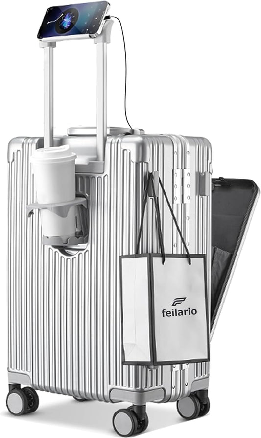 feilario 20in Aluminium Frame PC Hard Shell Spinner Wheels Luggage, Built-In TSA lock Carry on Suitcase, with Cup Holder, USB Port, Phone Holder