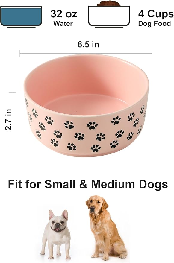 UBEE 6.5 inch Dog Bowls Set of 2, Ceramic Dog Food Water Bowl Dishes with Paw Pattern, Pet Food Water Dish Feeding for Small and Meidum Dogs and Large Cat, Pink