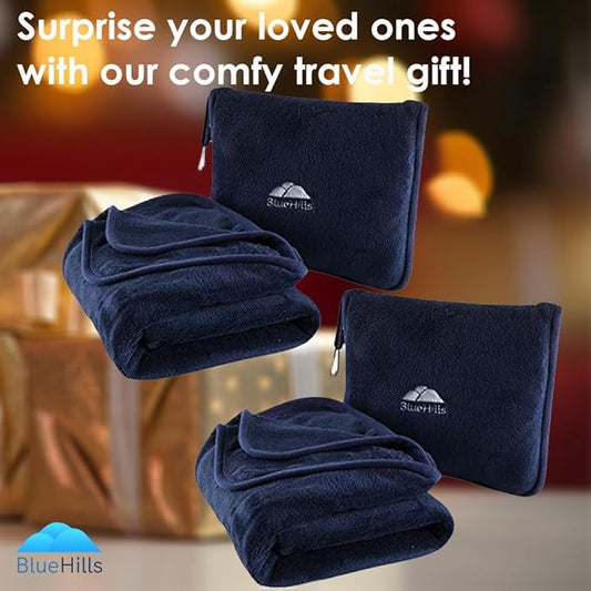 BlueHills Premium Soft 2-Pack Travel Blanket Pillows Airplane Large Plane Flight Throw Blankets for Two in Bag Compact Traveling Essentials Set Packable Warm Gifts Navy Blue T011