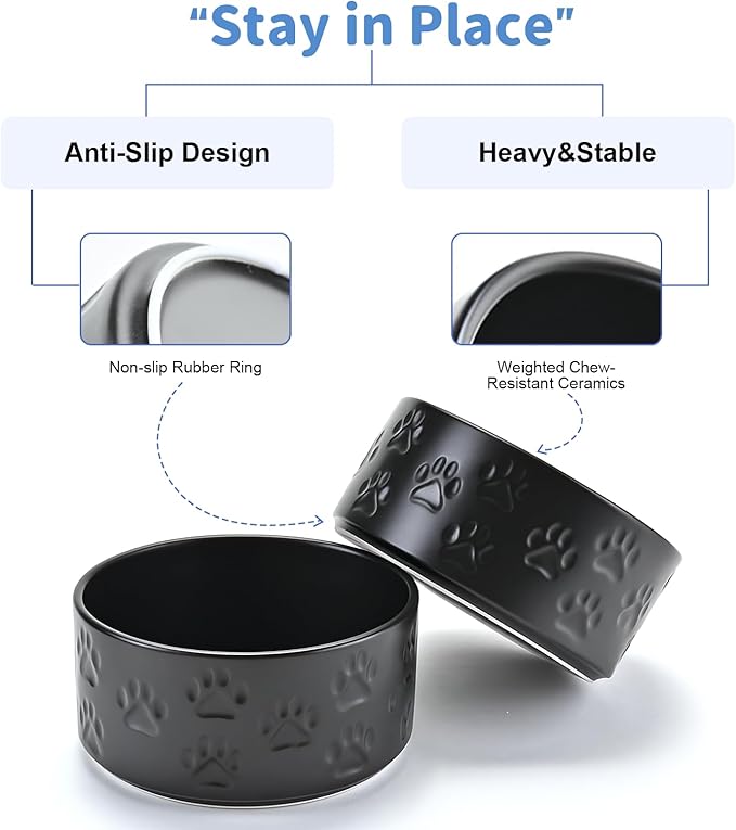 SPUNKYJUNKY Ceramic Dog and Cat Bowls 2 Pack, 5.1'' Dog and Cat Food Water Double Feeding Bowls Non-Slip for Cats and Puppy Small Sized Breed Dogs Microwave Dishwasher Safe - 13.5 OZ, 2pcs, Paw Black