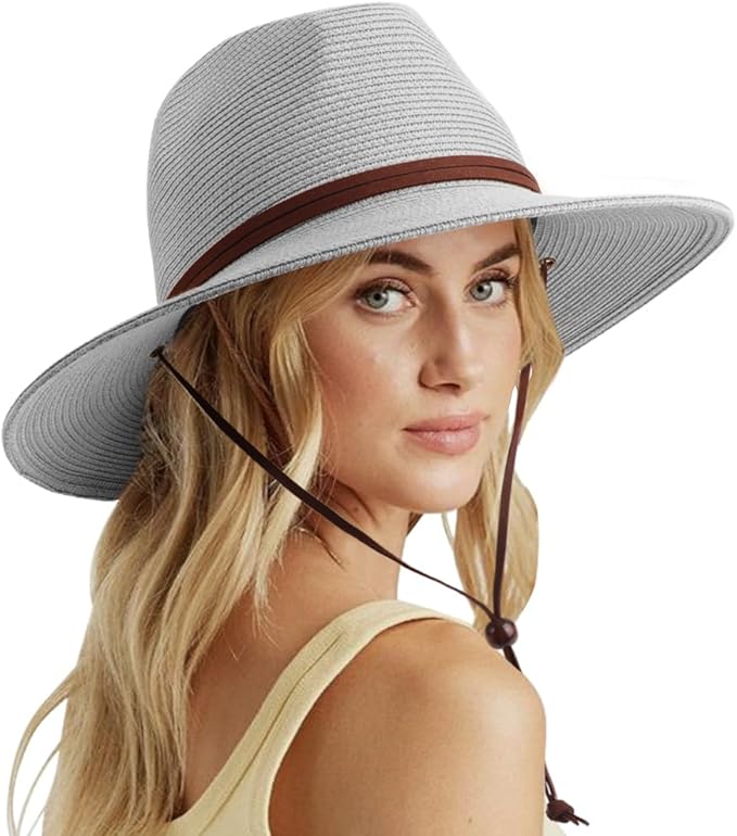 DRESHOW Women Straw Panama Hat Travel Fedora Beach Sun Hat Summer Wide Brim Straw Roll up Hat UPF 50+