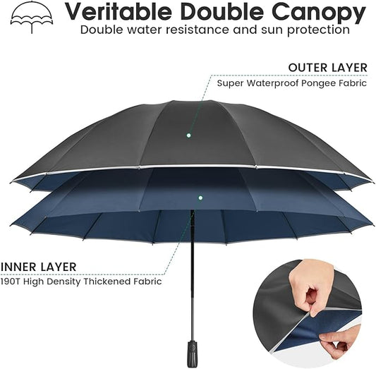 G4Free 54 Inch Large Double Layer Inverted Umbrella, 12 Ribs Compact Windproof Automatic Folding Reverse Umbrella with Reflective Strip for rain