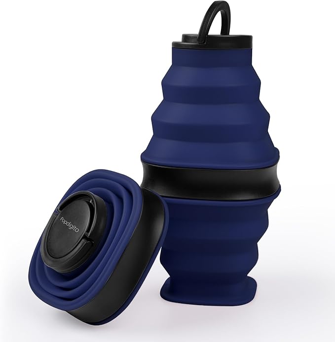 Collapsible Water Bottles,600ml BPA Free Reusable Lightweight LeakProof Silicone Foldable Water Bottle for Travel Hiking Camping Sports,Collapses to 1.5” & anti-Collapse Ring,Dark Blue