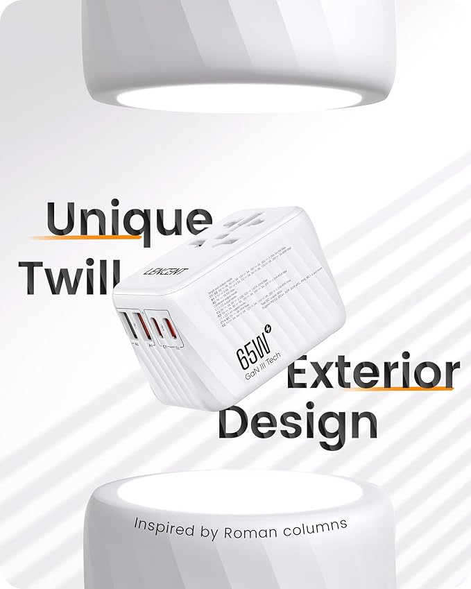 LENCENT Universal Travel Adapter, 65W GaN International Fast Charger with 2 PD3.0 Type C+2 QC USB A, Worldwide Power Adaptor for Phones,Laptops, All in One Travel Essentials for EU/USA/UK/AU, White