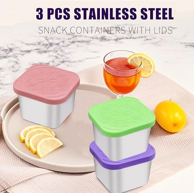 304 Premium Stainless Steel Snack Containers with Silicone Lids, Snackle Box Containers, Easy-Open Leak-Proof Kids for Taking Out for a Picnic, Lunch Box and Travel. (Purple Pink Green-3, 2 OZ)