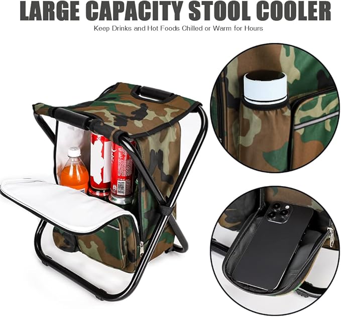 Large Size Portable Hiking Camouflage Camping Stool, 3 in1 Multifunction Fishing Backpack Chair, Folding Camping Chair Stool with Cooler Insulated Picnic Bag