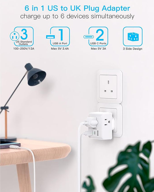 US to UK Ireland Travel Plug Adapter, Type G Power Plug Adapter with 3 Outlets 3 USB Ports(2 USB C), European Travel Plug Adapter for USA to England London Scotland British Qatar Irish Hongkong