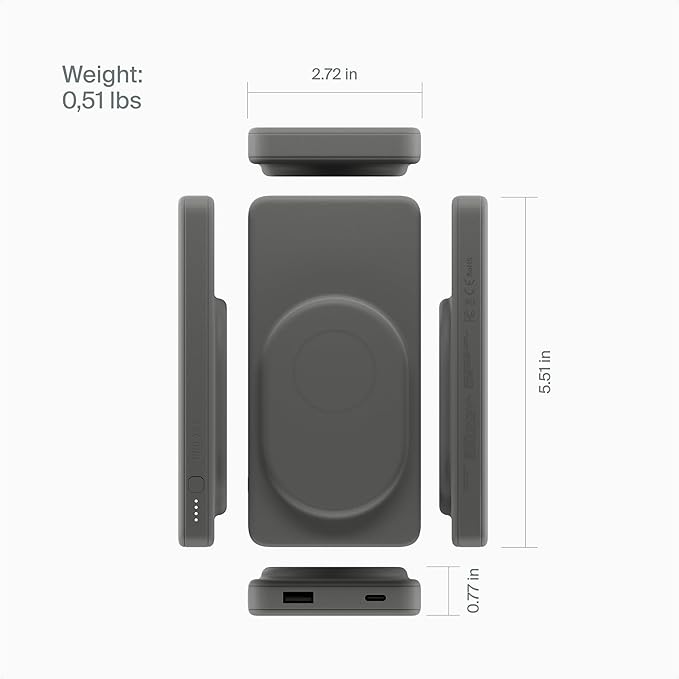 Clemm Portable 10000 mAh Wireless Power Bank, Travel Essential, Quick Charging for iPhone 16/15/14/13/12/11/X, Samsung Galaxy, iPad, Google Pixel & More - USB-C × 1 & USB-A × 1, Graphite
