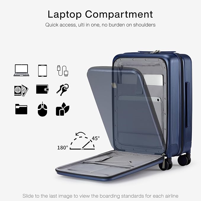 Hanke Grace Carry On Luggage with Wheels Airline Approved Hard Shell Suitcases with Front Pocket，Top Opening Luggage with TSA Lock for Short Business Travel，Dark Blue