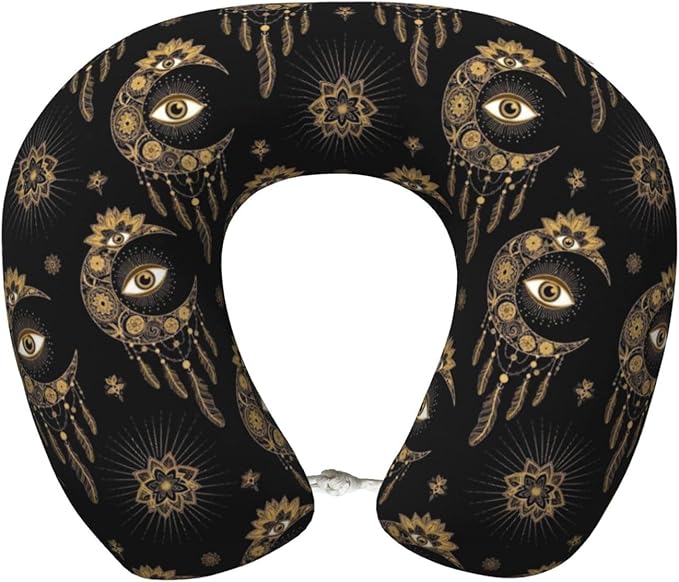 Neck Travel Pillow, Women Men Washable Airplane Car Pillows Mandala Boho Eyes Crescent Moon Sun Dream Catcher, Head Support Rest U Shaped Cushion Comfortable for Watching TV