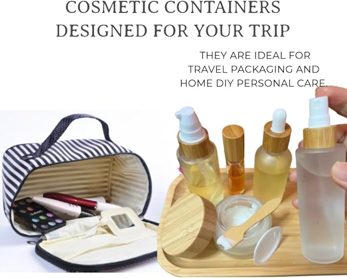 Empty Refillable Frosted Glass Cosmetic Containers with Bamboo Cover - 5 Pack, Spray Bottle, Lotion Pump, Dropper, Roller and Cream Jar for Cosmetic Storage with Tray