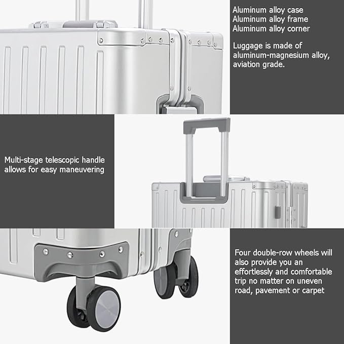 28-inch Aluminum Checked Suitcase: Silver - Full Metal Shell - Crush-Resistant & Burst-Proof, TSA Lock & Spinner Wheels for Business Travel - Men Women