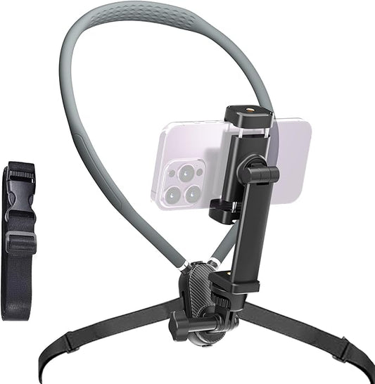 Neck Phone Holder for Go Pro/Video Recording, Wearable Hands Free POV/Vlog Selfie Mount with Chest Strap, 360°Adjustable Around Cell Phone Stand Compatible with iPhone16 15 14 13 12 Galaxy Android