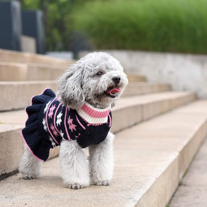 KYEESE Dog Sweater for Small Dogs Fall Winter Dogs Clothes Warm Pet Coats Turtleneck Knit for Girl Pet Sweater with Leash Hole Dog Sweater Dress with Classic Snow flake Pattern, Girl Navyblue, X-Small