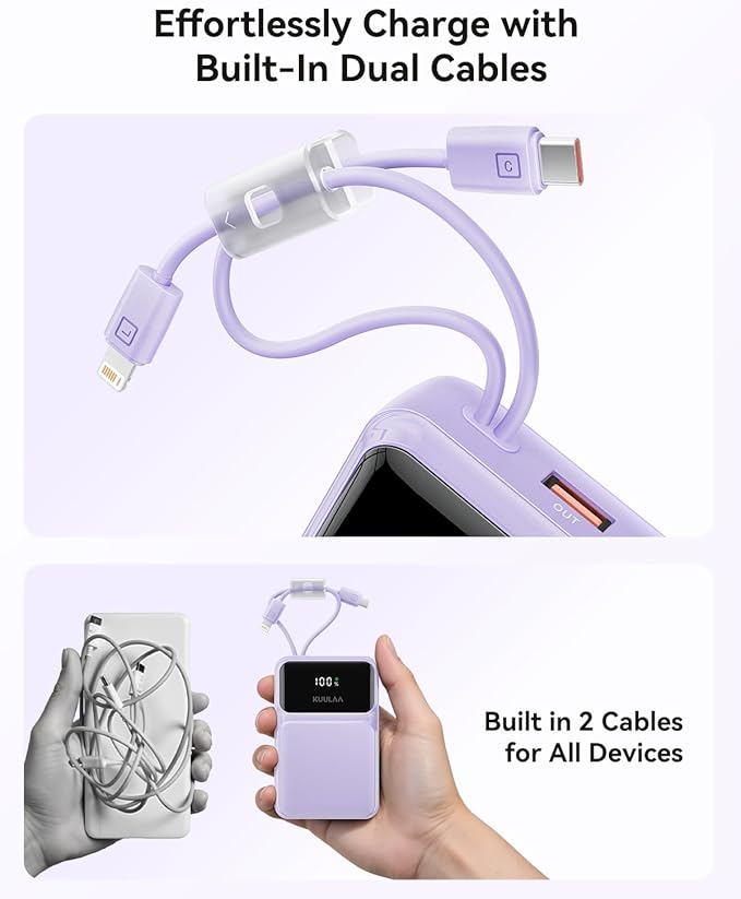 Kuulaa Portable Charger Power Bank 20000mAh,22.5W Fast Charging with Built-in Cables,Travel Essentials Battery Pack with LED Display,Compatible with iPhone Samsung Google iPad Android,Purple