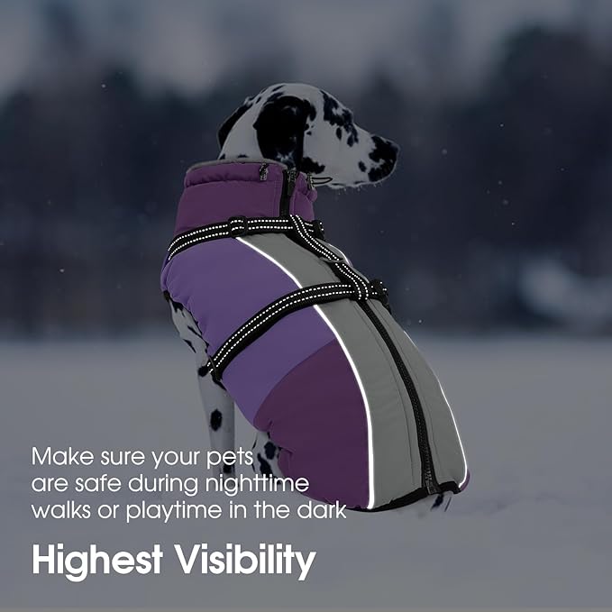 SUNFURA Dog Winter Coat, Warm Dog Coat with Harness for Medium Dogs Boys Girls, Reflective Fleece Lined Pet Winter Jacket Snowsuit for Pug, Jack Russel, Schnauzer, Purple M