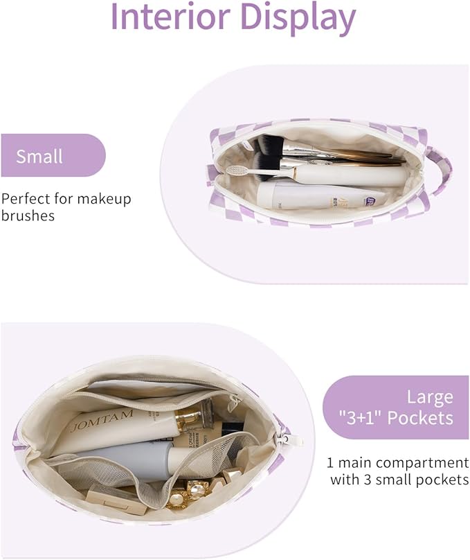 Narwey 2 Piece Personalized Initial Makeup Bag Checkered Cosmetic Bags, 6 8 10 11 12 13 14 16 18 Years Old Teen Girl Gifts Trendy Stuff Birthday Gifts for Women, Travel Toiletry Bag (Purple Letter C)