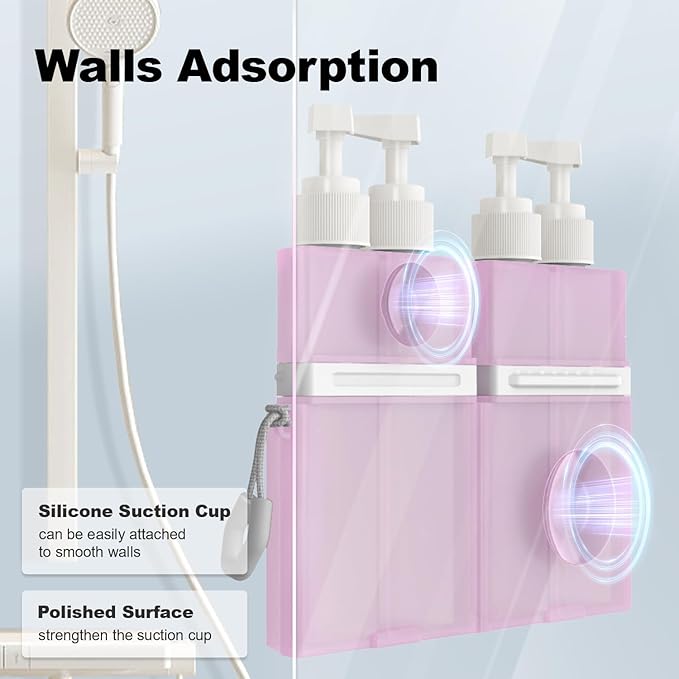 YOTIME 4in1 Travel Bottles with Suction Cup, TSA Approved Leak Proof Travel Size Containers for Toiletries, Refillable Travel Accessories for Shampoo, Body Wash and Conditioner, Pink