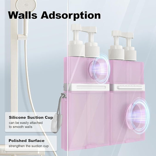 YOTIME 4in1 Travel Bottles with Suction Cup, TSA Approved Leak Proof Travel Size Containers for Toiletries, Refillable Travel Accessories for Shampoo, Body Wash and Conditioner, Pink