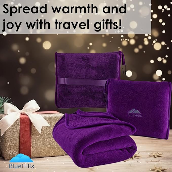 BlueHills Travel Blanket Pillow Premium Soft Plush for Airplane Travel Size Blanket Throw Long Flight Essentials in Compact Bag Plane Portable Lightweight Purple T021