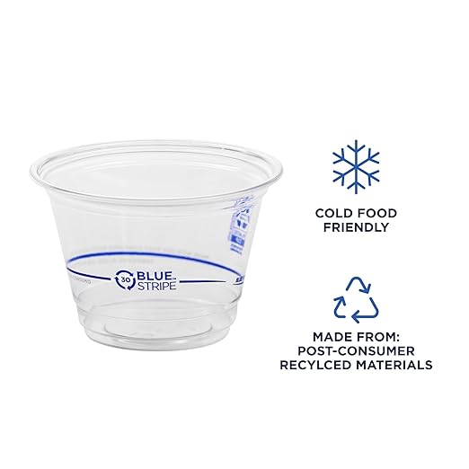 Eco-Products BlueStripe Recycled 9oz Plastic Cups, Case of 1000, Made from 30% Post-Consumer Recycled Plastic Bottles, Recycled PET (rPET) For Cold Drinks & Snacks, Clear For Visibility