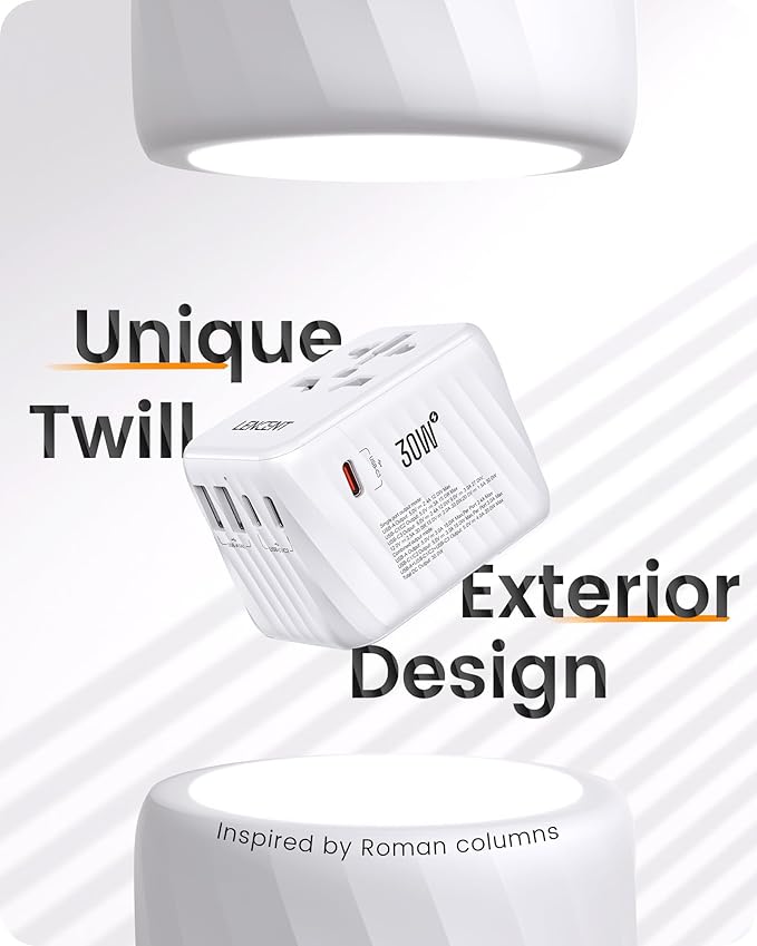 LENCENT Universal Travel Power Adapter, 30W International Wall Charger with 3 USB C 2 USB A Fast Charging, Worldwide Plug Adaptor Travel Essentials for US to EU UK Ireland Australia Type C/G/A/I White