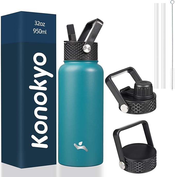 32 oz Insulated Water Bottle Stainless Steel Sport Bottles with 3 Lids,Light Blue