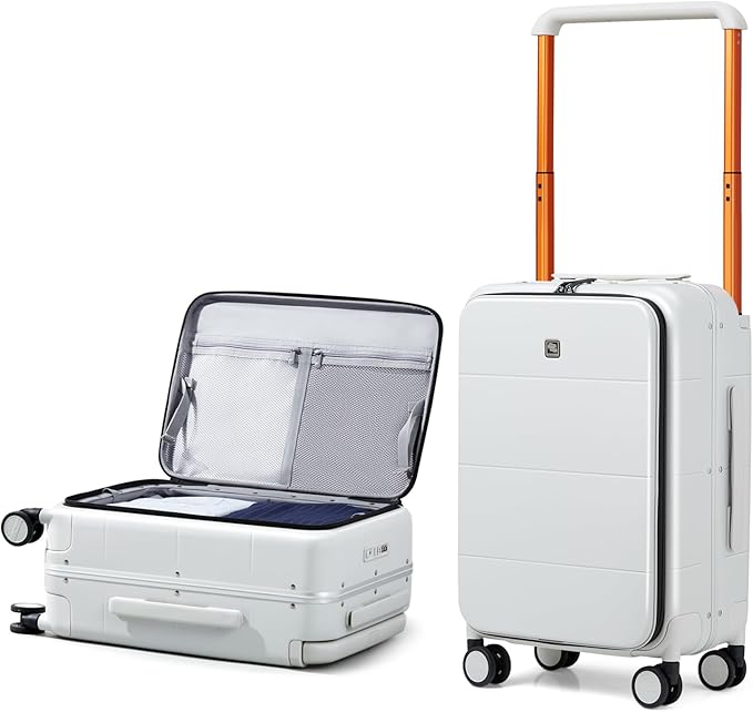 Hanke Top Opening Carry On Luggage, 20 Inch Zipperless Aluminum Frame Wide Handle Luggage, All-PC Hard Shell Trunk Suitcase with Spinner Wheels, TSA Airline Approved (Smoke White, 40L)