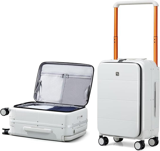 Hanke Top Opening Carry On Luggage, 20 Inch Zipperless Aluminum Frame Wide Handle Luggage, All-PC Hard Shell Trunk Suitcase with Spinner Wheels, TSA Airline Approved (Smoke White, 40L)