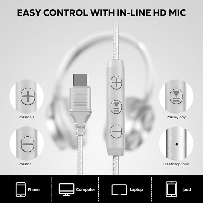 USB C Headphones Wired, Over Ear USB C Wired Headphones with Microphone, Volume Control,HD Stereo Sound,Foldable USB Type C Headphone for Adult/Teens/Laptop/Computer/iPhone 15/16 Series,Silver