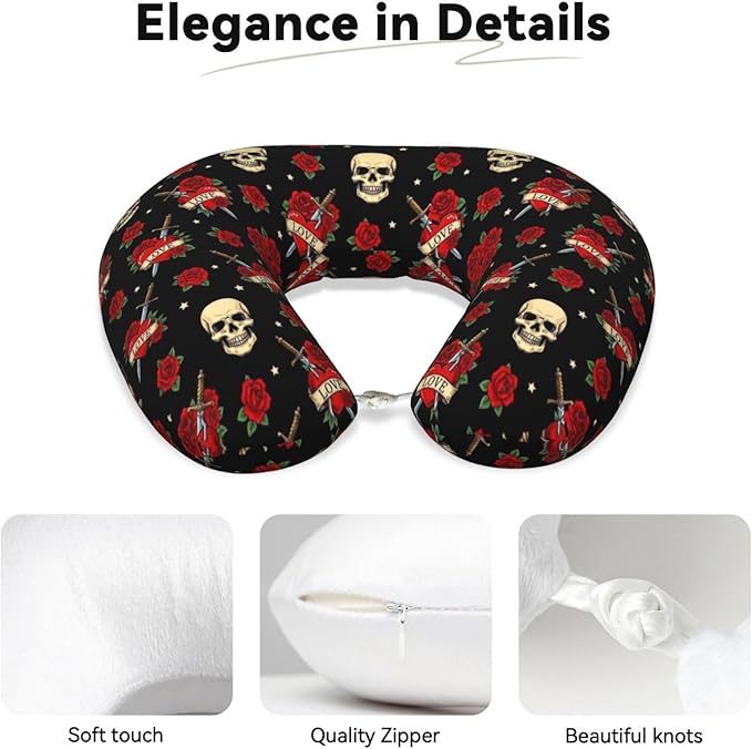 Neck Pillows for Travel Red Rose Sugar Skulls Flowers Floral, Women and Men Airplane Car Pillow, Neck Support U Shaped Pillow for Rest Pain Relief Sleeping