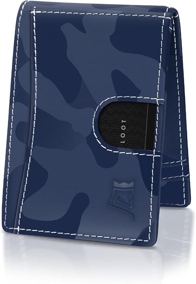 Kings Loot Money Clip Slim Minimalist Wallet for Men – RFID Blocking Leather Design with Money Clip – Front Pocket Bifold Holds 12 Cards – Stylish & Compact Wallets (Camo Blue)